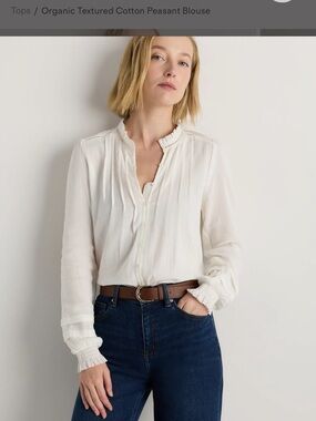 Quince Cream Organic Textured Cotton Peasant Blouse with Pintuck Details